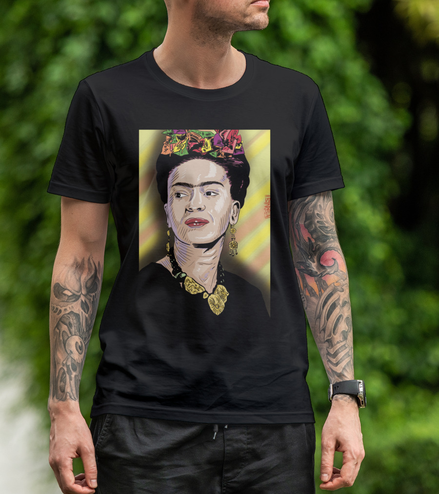 Frida Colorful Portrait With Floral Headpiece And Bold Jewelry T-Shirt