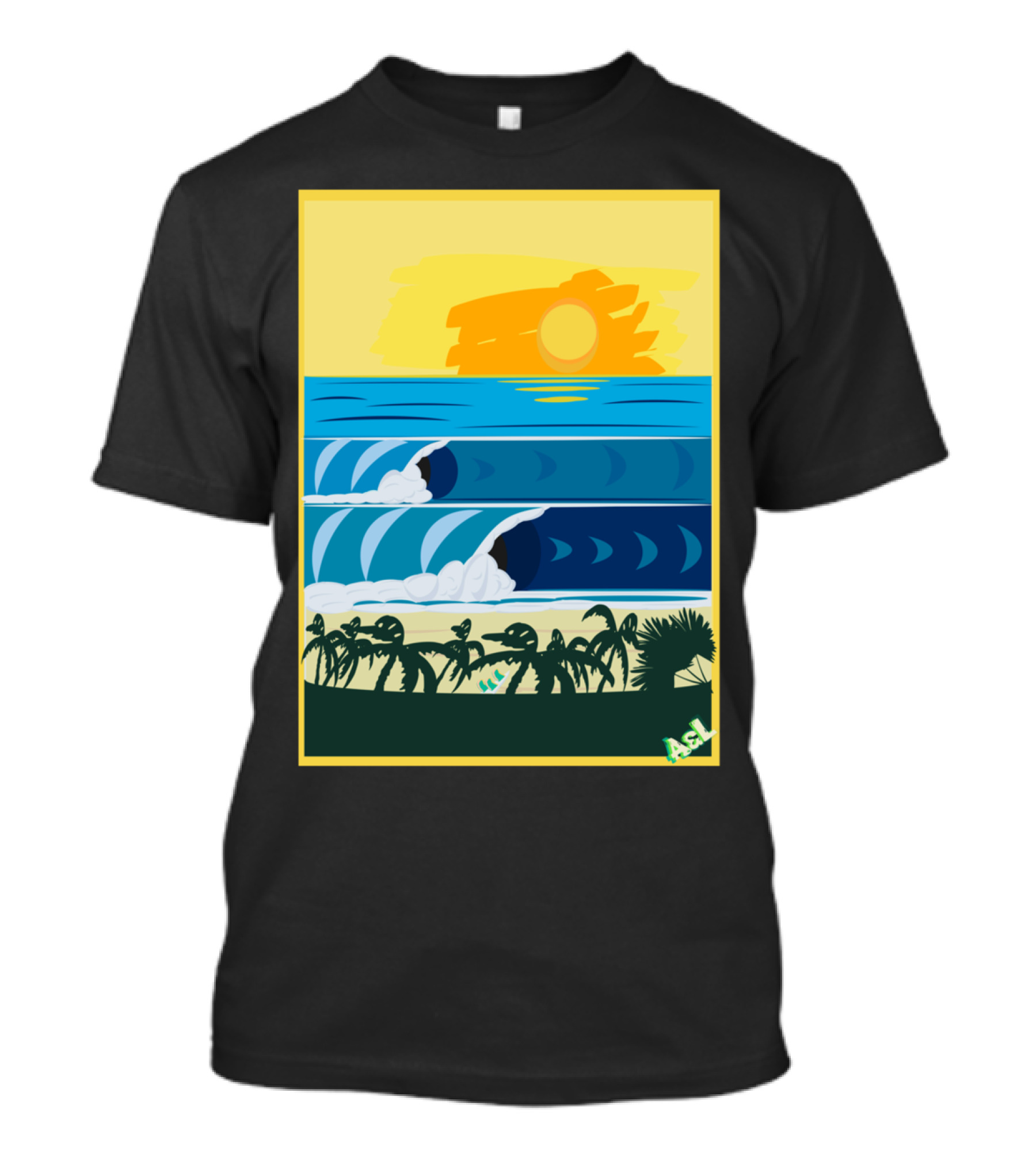 Beach Sticke Waves Surf Palms Sunset Ocean Scene T-Shirt