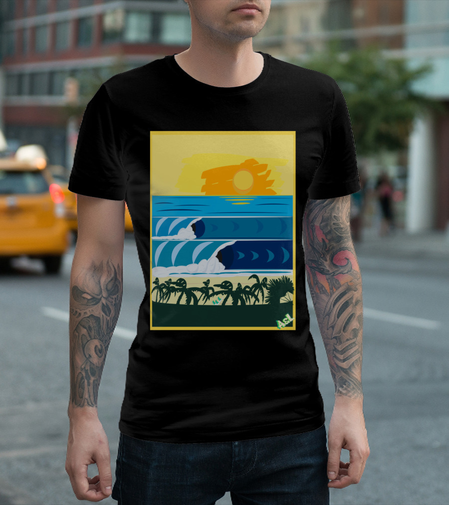 Beach Sticke Waves Surf Palms Sunset Ocean Scene T-Shirt