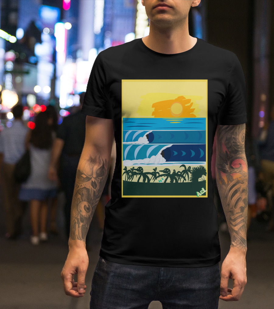 Beach Sticke Waves Surf Palms Sunset Ocean Scene T-Shirt