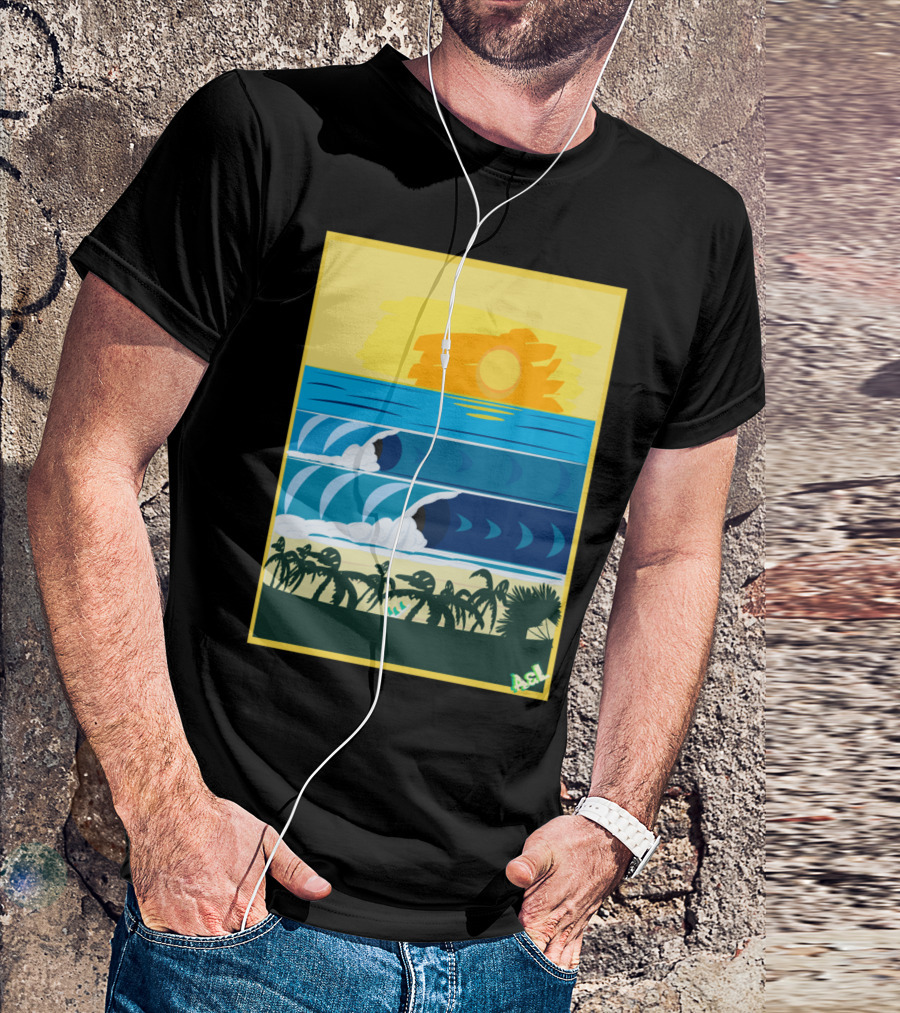 Beach Sticke Waves Surf Palms Sunset Ocean Scene T-Shirt