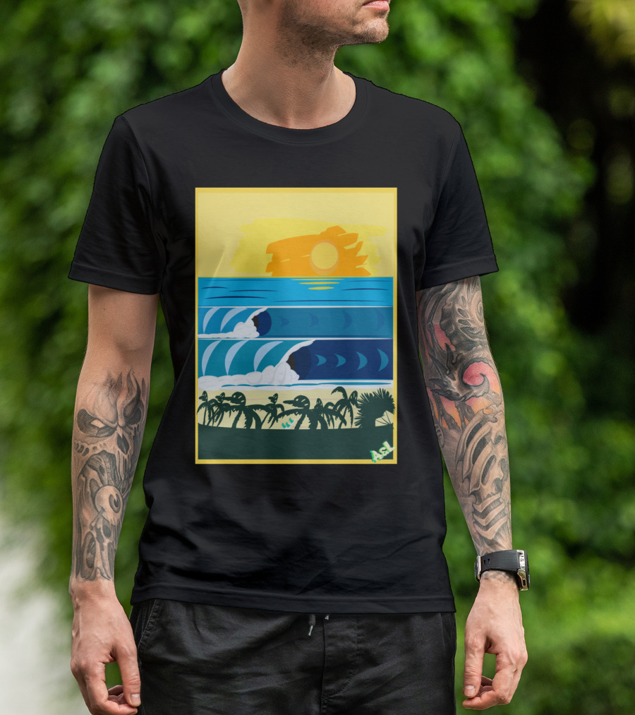 Beach Sticke Waves Surf Palms Sunset Ocean Scene T-Shirt