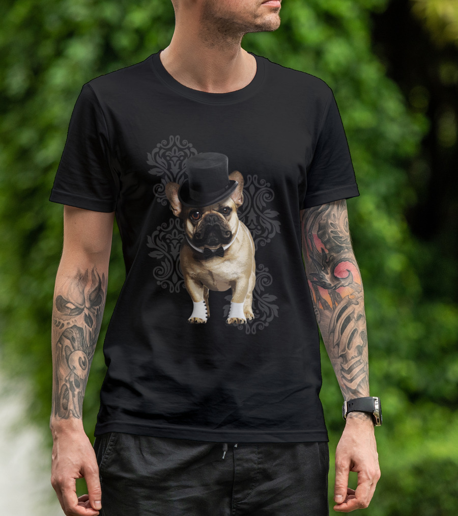 Dog Dandy French Bulldog Black Top Hat Bow Tie T-Shirt