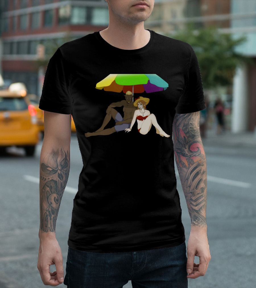 Beach Time Under Colorful Umbrella with Relaxing Couple T-Shirt