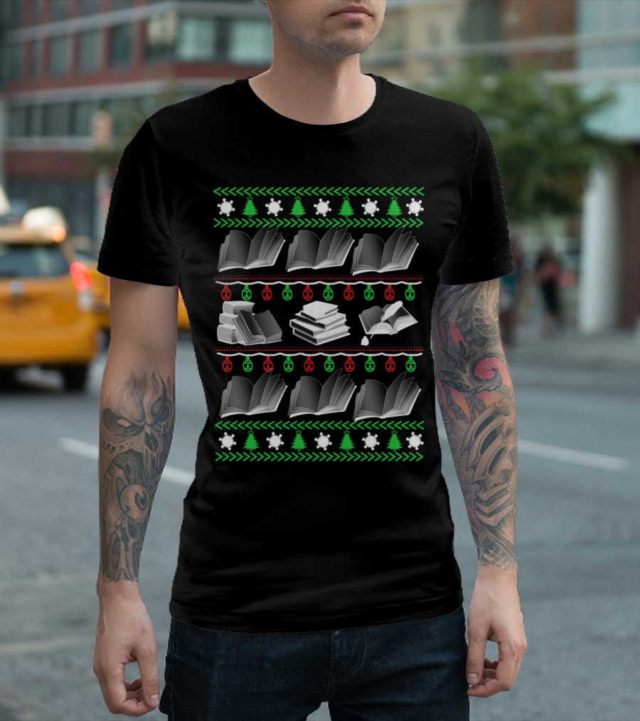 Ugly Christmas Sweater Style Book Pattern With Snowflakes And Trees T-Shirt
