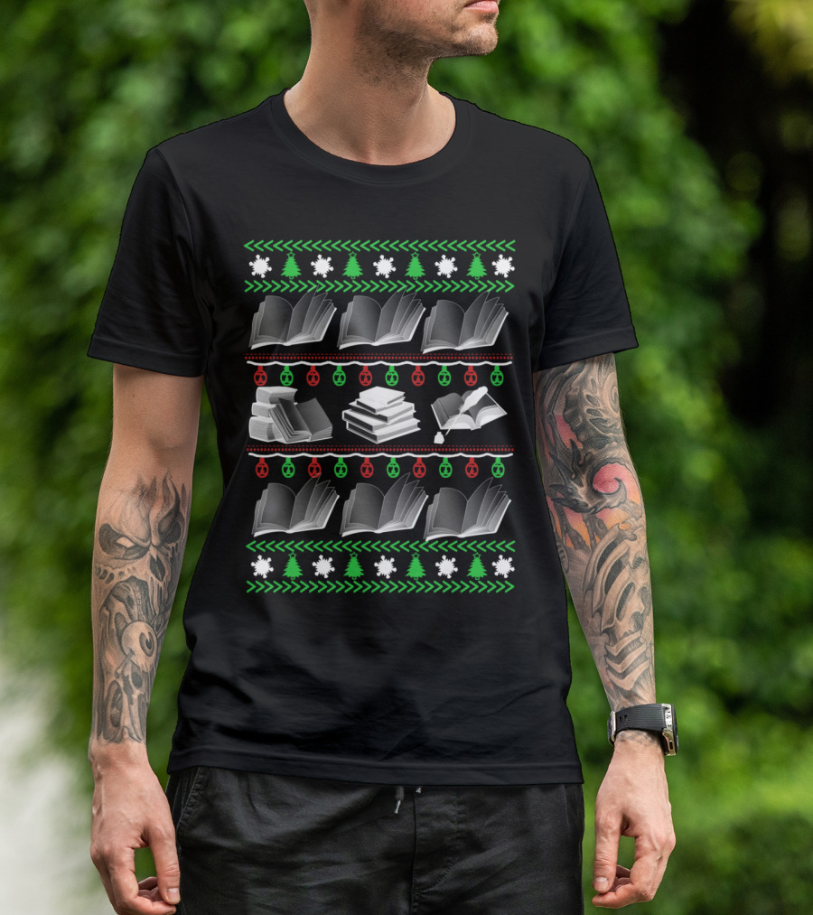Ugly Christmas Sweater Style Book Pattern With Snowflakes And Trees T-Shirt