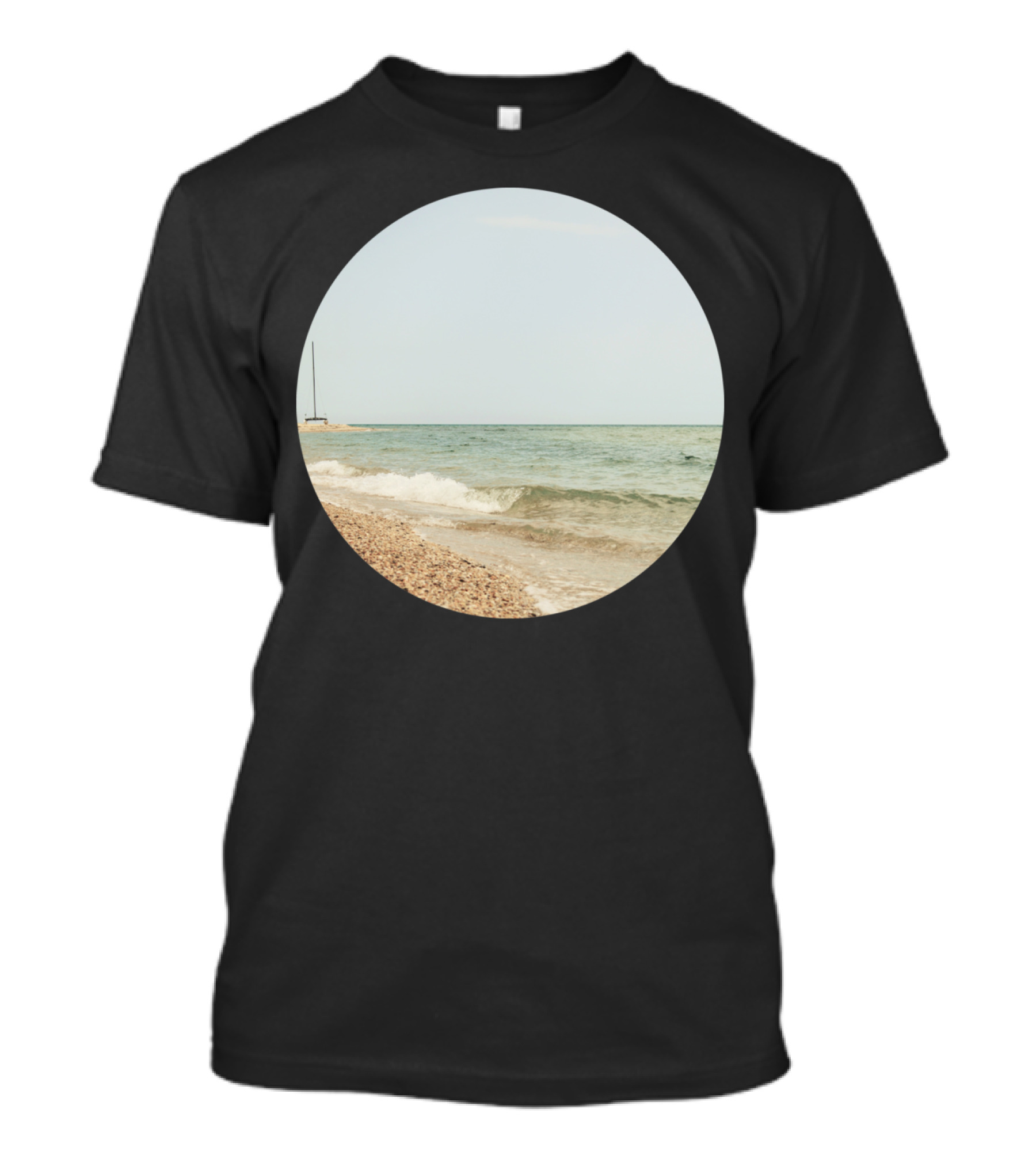 Beachscape Ocean Tranquility Pebble Shoreline With Sailboat T-Shirt