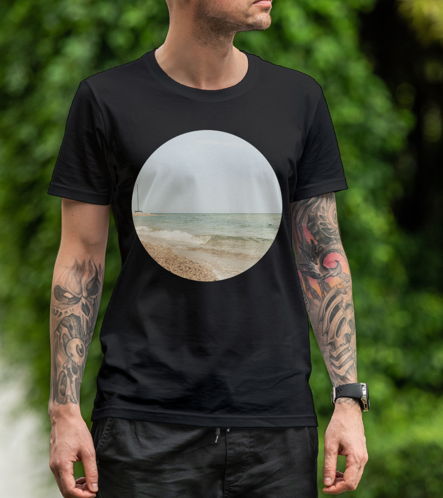 Beachscape Ocean Tranquility Pebble Shoreline With Sailboat T-Shirt