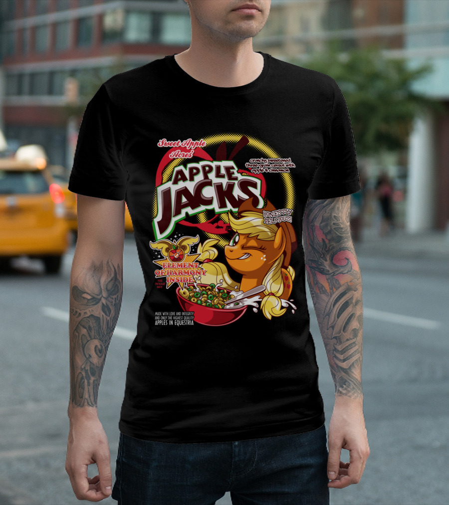 Sweet Apple Acres Apple Jacks Honestly Delicious Crunchy Sweetened Three-Grain Cereal with Apples and Cinnamon Element of Harmony Made in Equestria T-