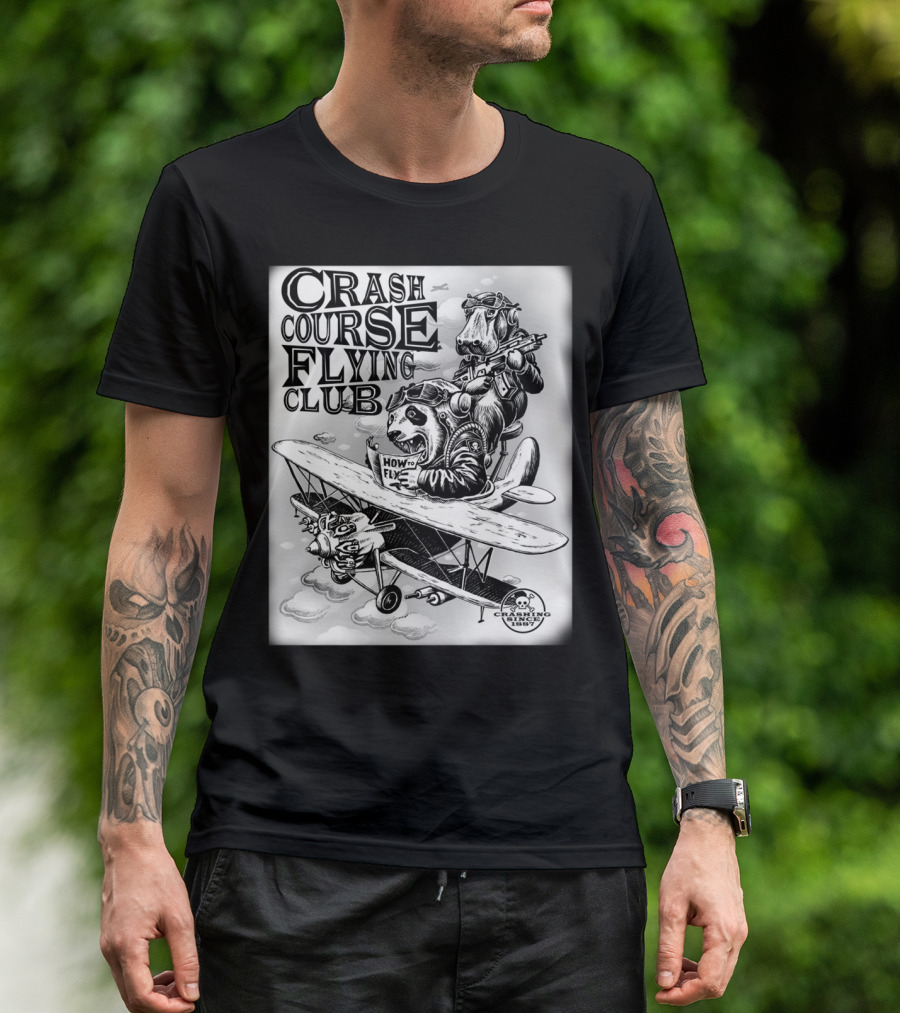 CRASH COURSE FLYING CLUB 1887 HOW TO FLY ANIMALS ON VINTAGE AIRPLANE T-Shirt