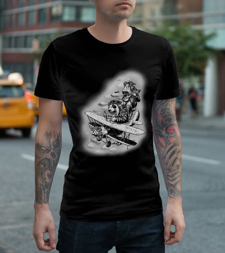 CRASH COURSE HOW TO FLY PILOT PANDA AND DOG IN VINTAGE PLANE T-Shirt
