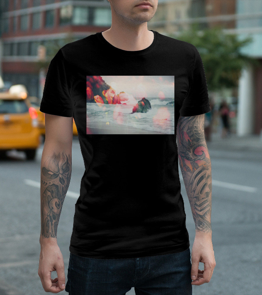 Crashing Tulips Waves on Rocky Shore with Overlapping Floral Elements T-Shirt