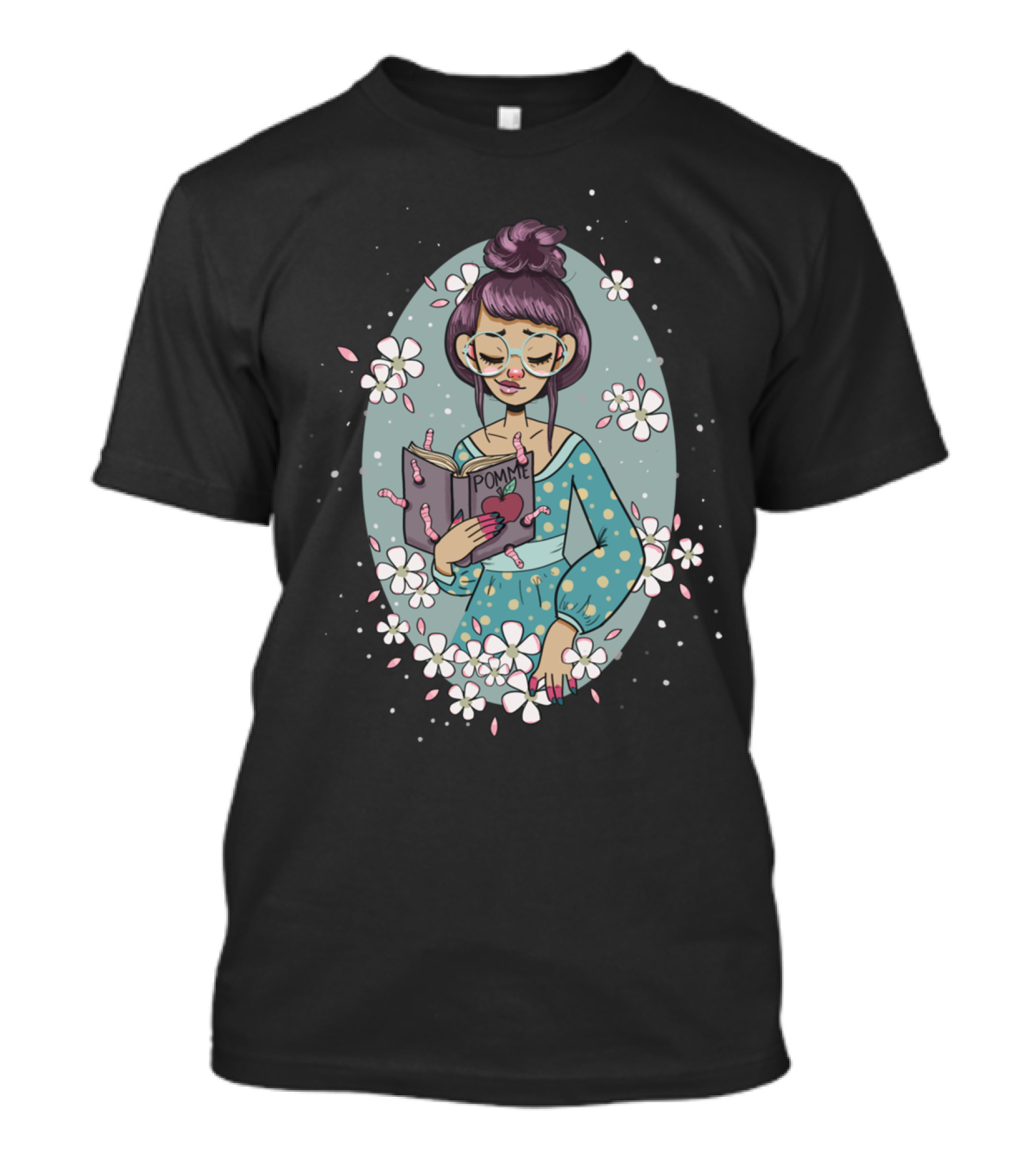 Pomme Bookworm Girl Surrounded By Flowers And Worms T-Shirt
