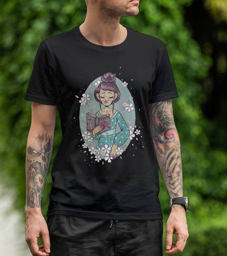 Pomme Bookworm Girl Surrounded By Flowers And Worms T-Shirt