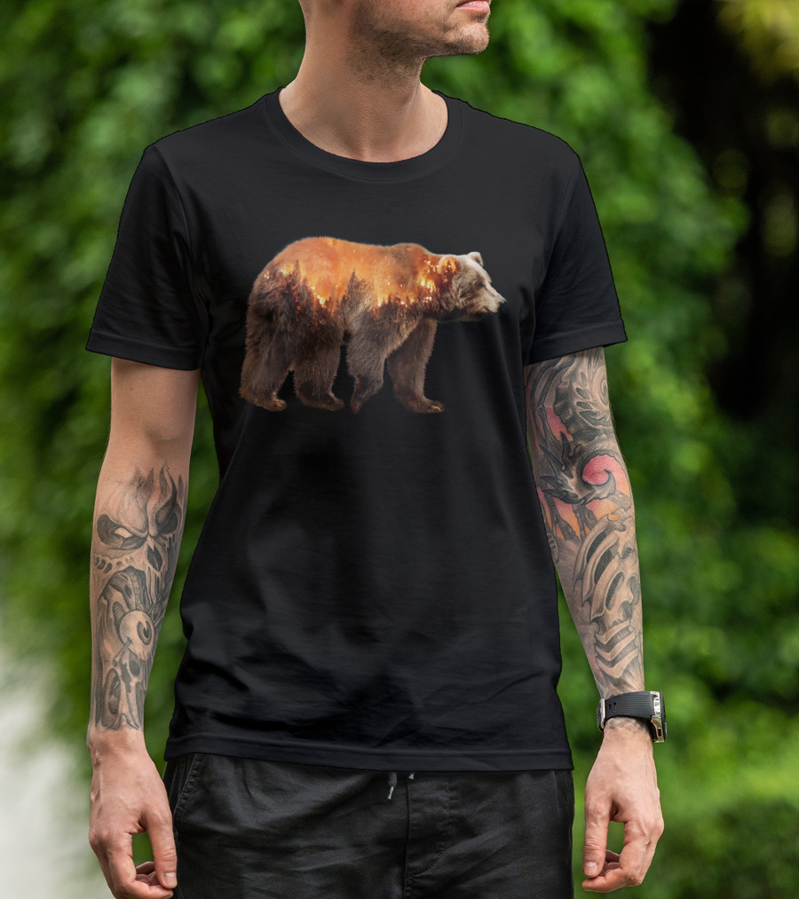 Bear Escape From Mountain Fire Wildlife Scene T-Shirt