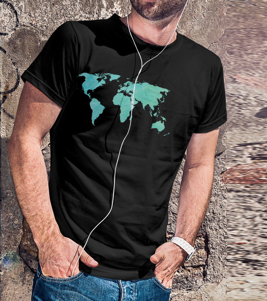 Aqua Teal Watercolor World Map T-Shirt