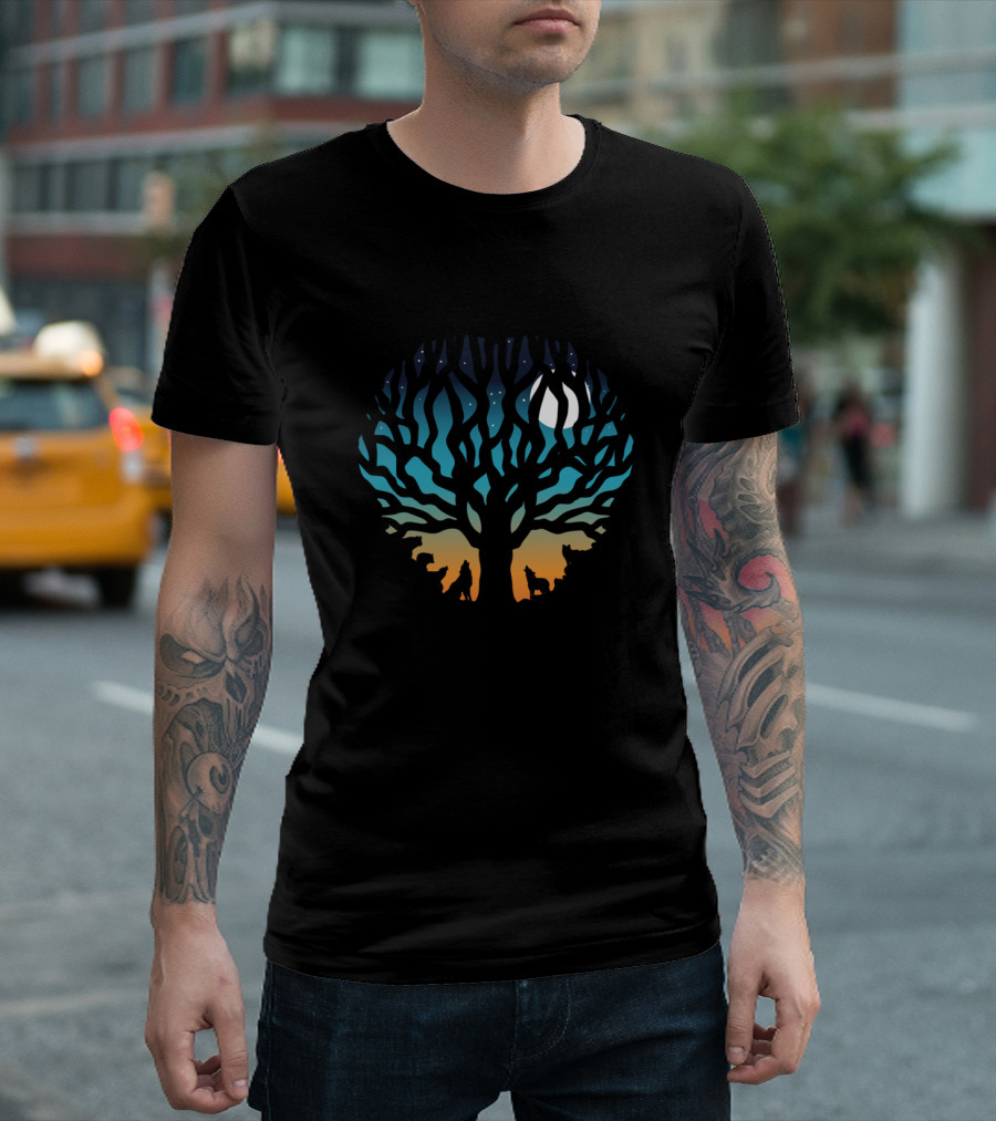 Winter Moon Wolf Magical Tree Leaf Shape Night T-Shirt