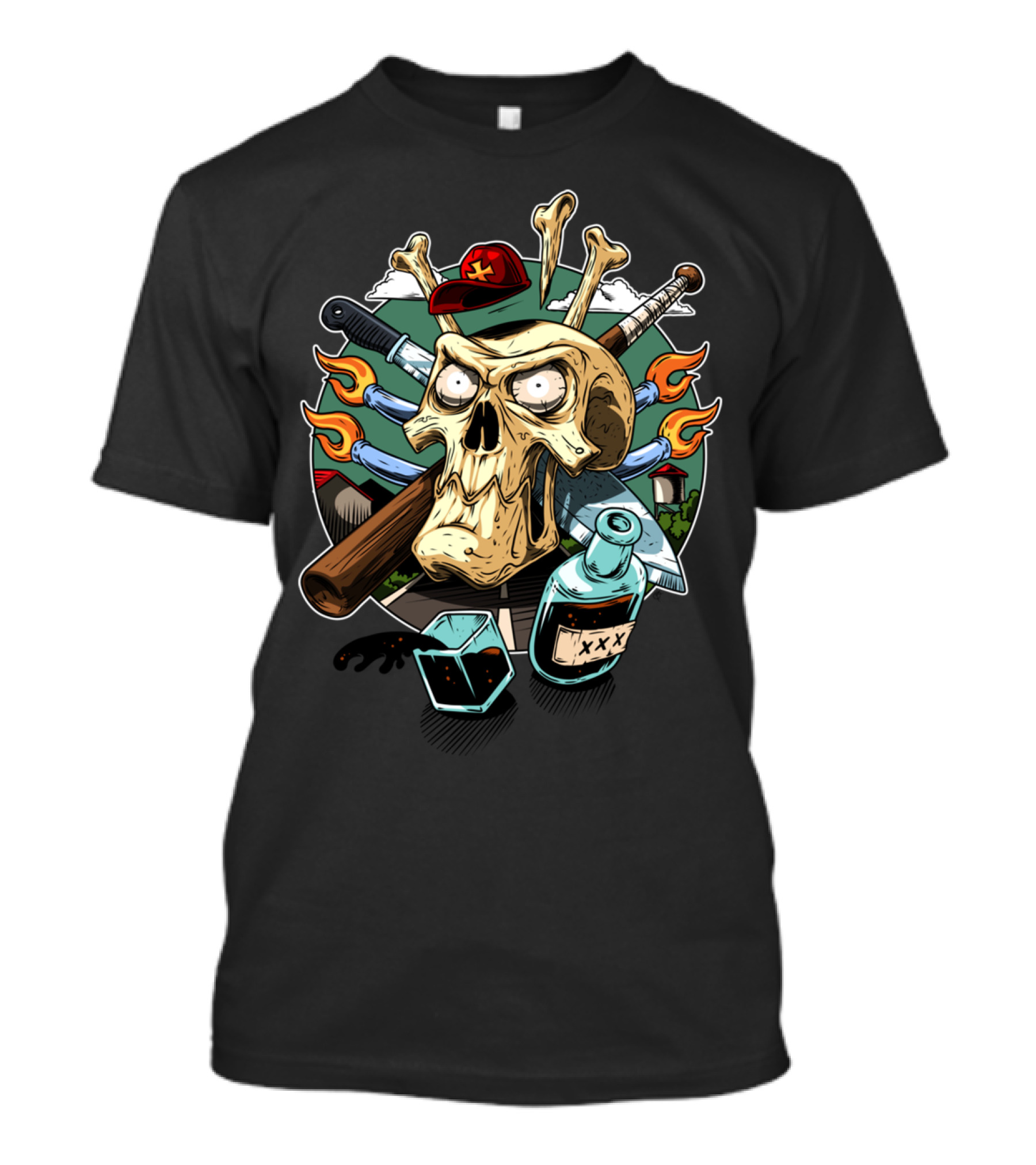 Boozeborn Skull With Crossbones Cap Knife And Fire-Filled Bat With Triple X Bottle T-Shirt