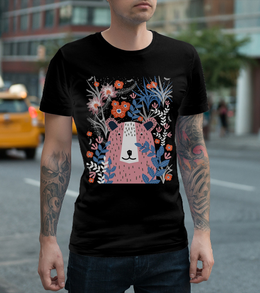 Bear Garden Floral Pattern with Pink Bear and Colorful Flowers T-Shirt