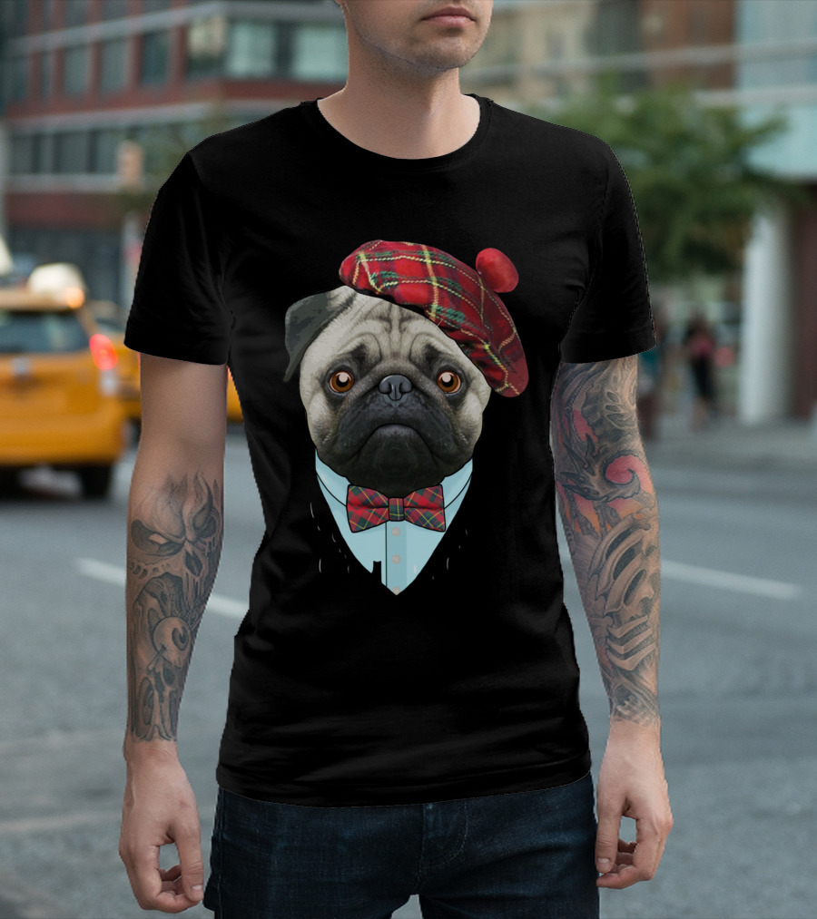 Pug Wearing Tartan Hat and Bow Tie T-Shirt