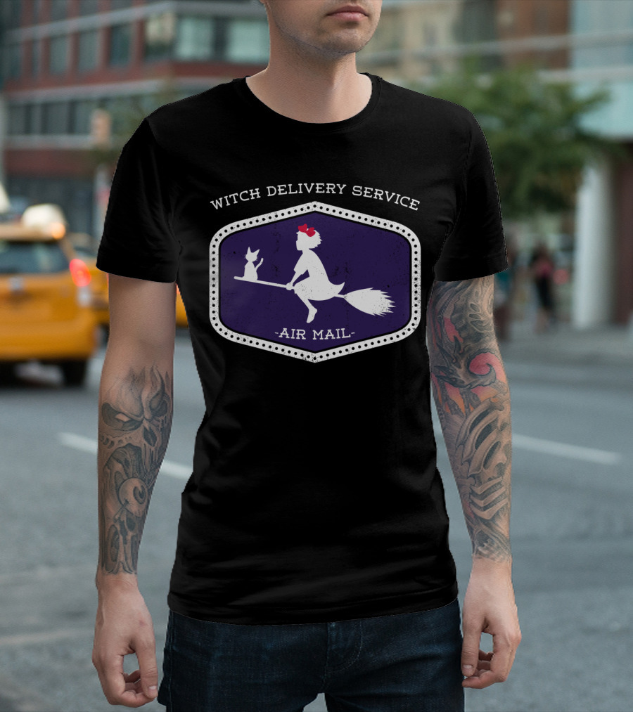 Witch Delivery Service Air Mail Broomstick Cat T-Shirt