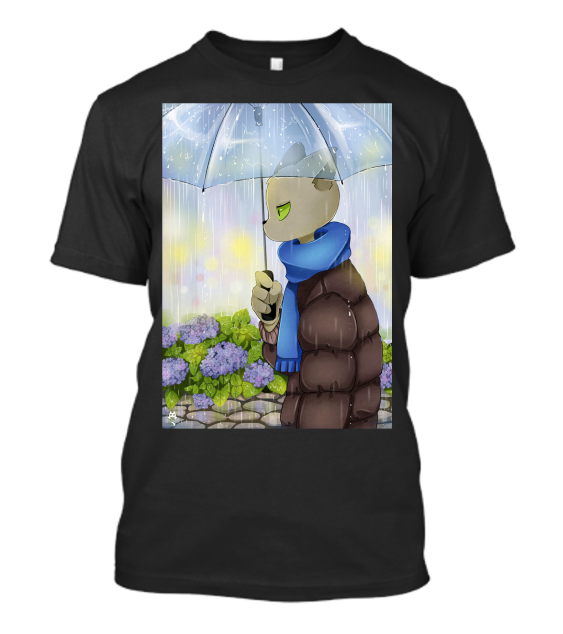 Rainy Day Teacher Cat With Blue Scarf And Umbrella T-Shirt