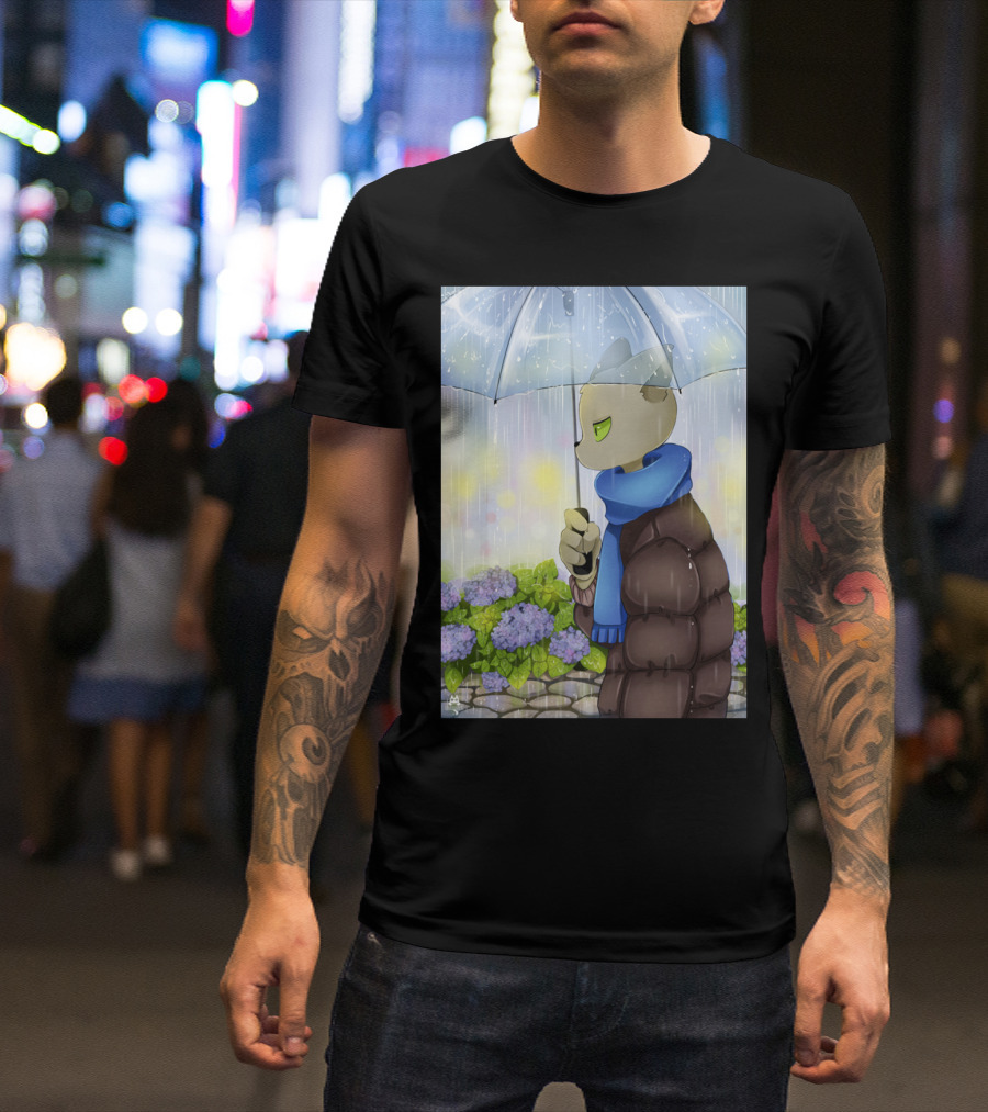 Rainy Day Teacher Cat With Blue Scarf And Umbrella T-Shirt