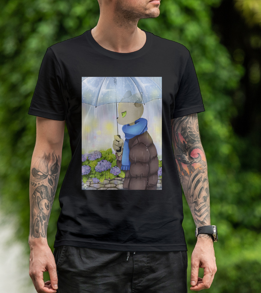 Rainy Day Teacher Cat With Blue Scarf And Umbrella T-Shirt