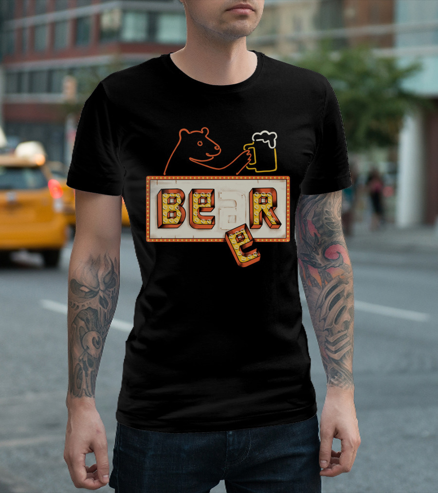 Bear Holding Beer Mug in Neon Sign T-Shirt