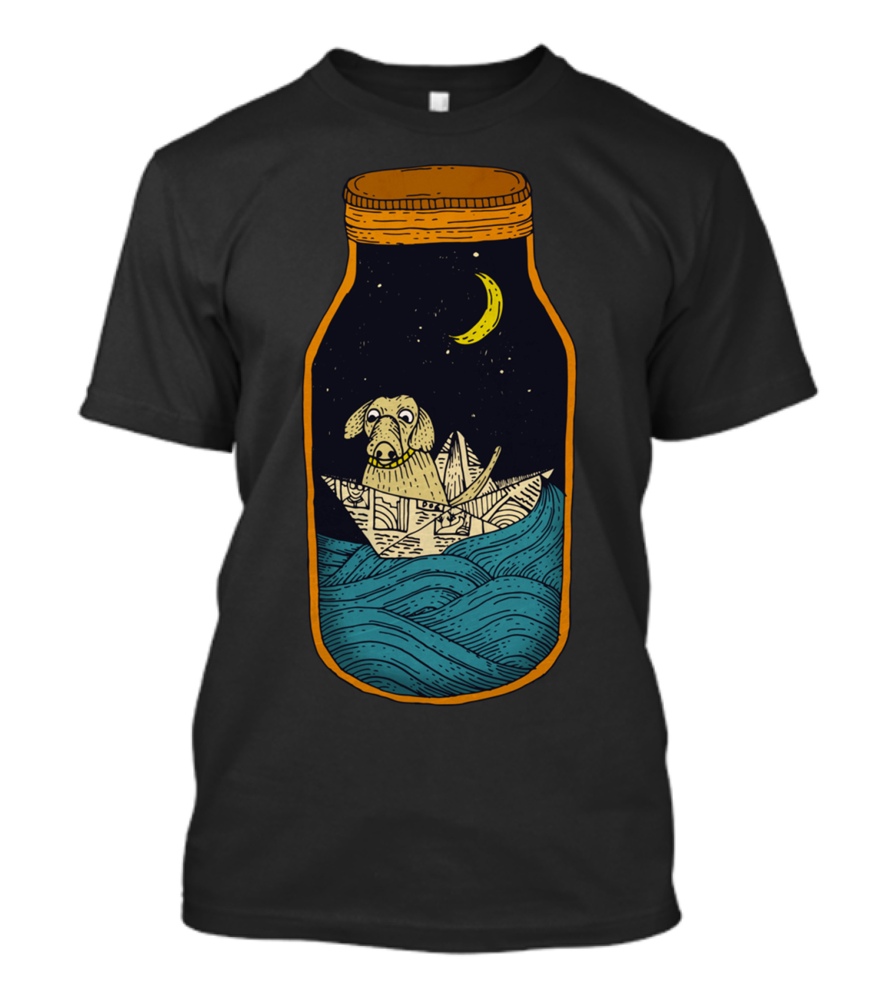 Dog In Paper Boat Under Night Sky In Jar T-Shirt
