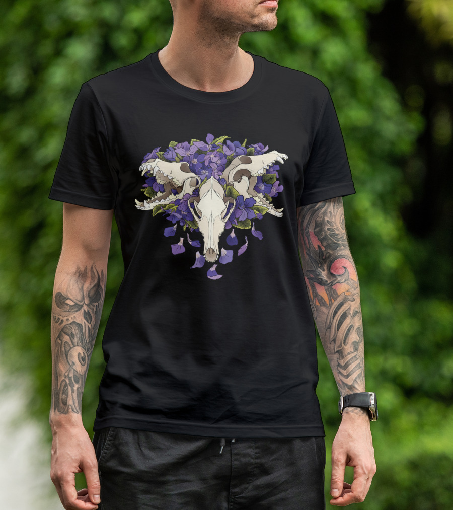Dog Violet Cerberus With Floral Skull Trio T-Shirt