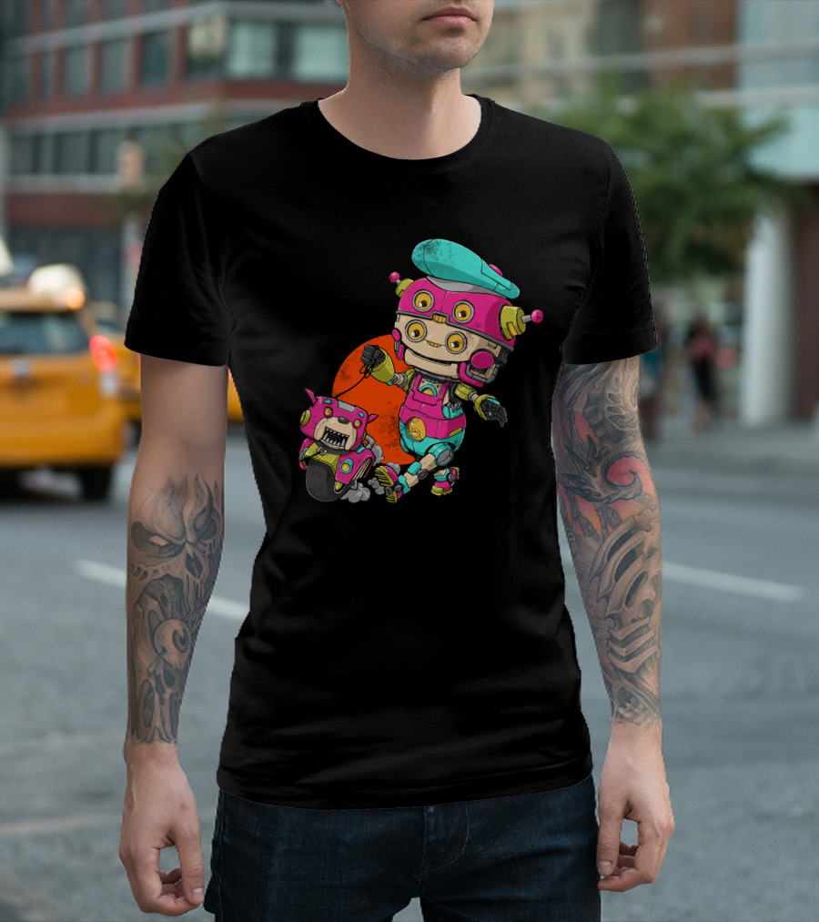 Robot Dog Walker Cyberpunk Retro Futuristic Machine Duo T-Shirt