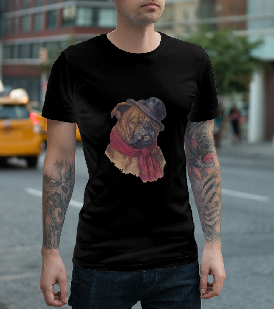 1890s Bulldog with Cigar and Bowler Hat in Red Scarf T-Shirt