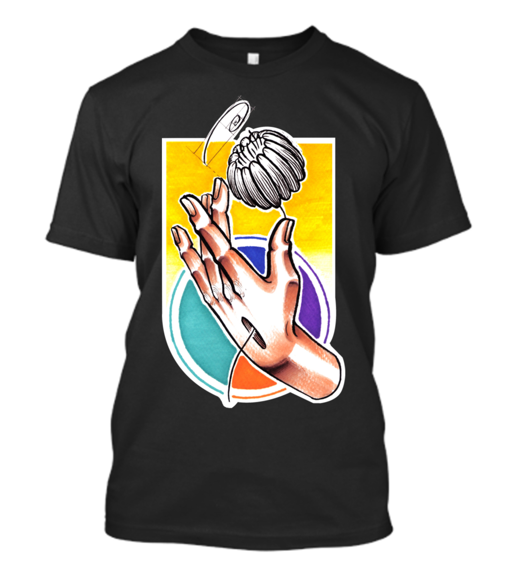 Creative Hands Holding Enchanting Flower With Colorful Geometric Backdrop T-Shirt
