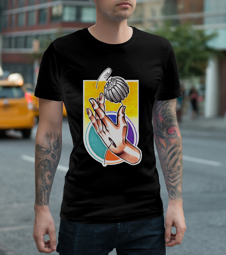 Creative Hands Holding Enchanting Flower With Colorful Geometric Backdrop T-Shirt
