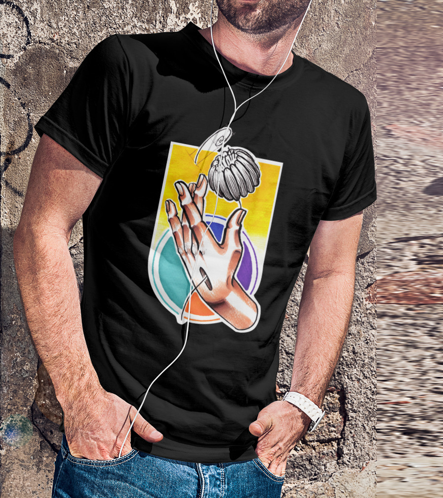 Creative Hands Holding Enchanting Flower With Colorful Geometric Backdrop T-Shirt