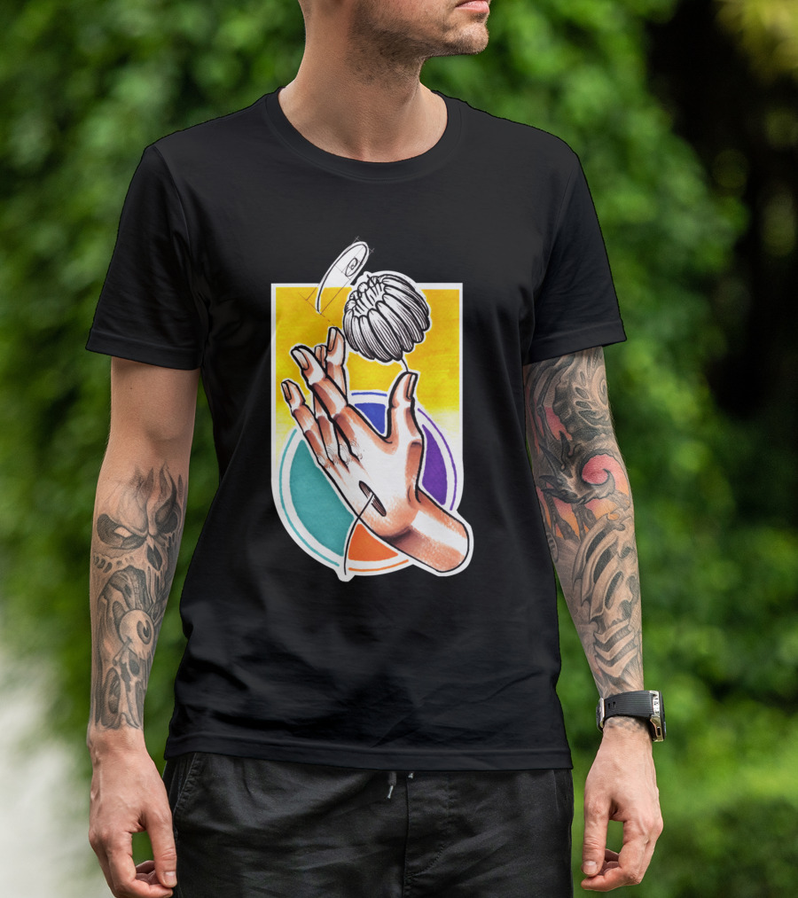 Creative Hands Holding Enchanting Flower With Colorful Geometric Backdrop T-Shirt