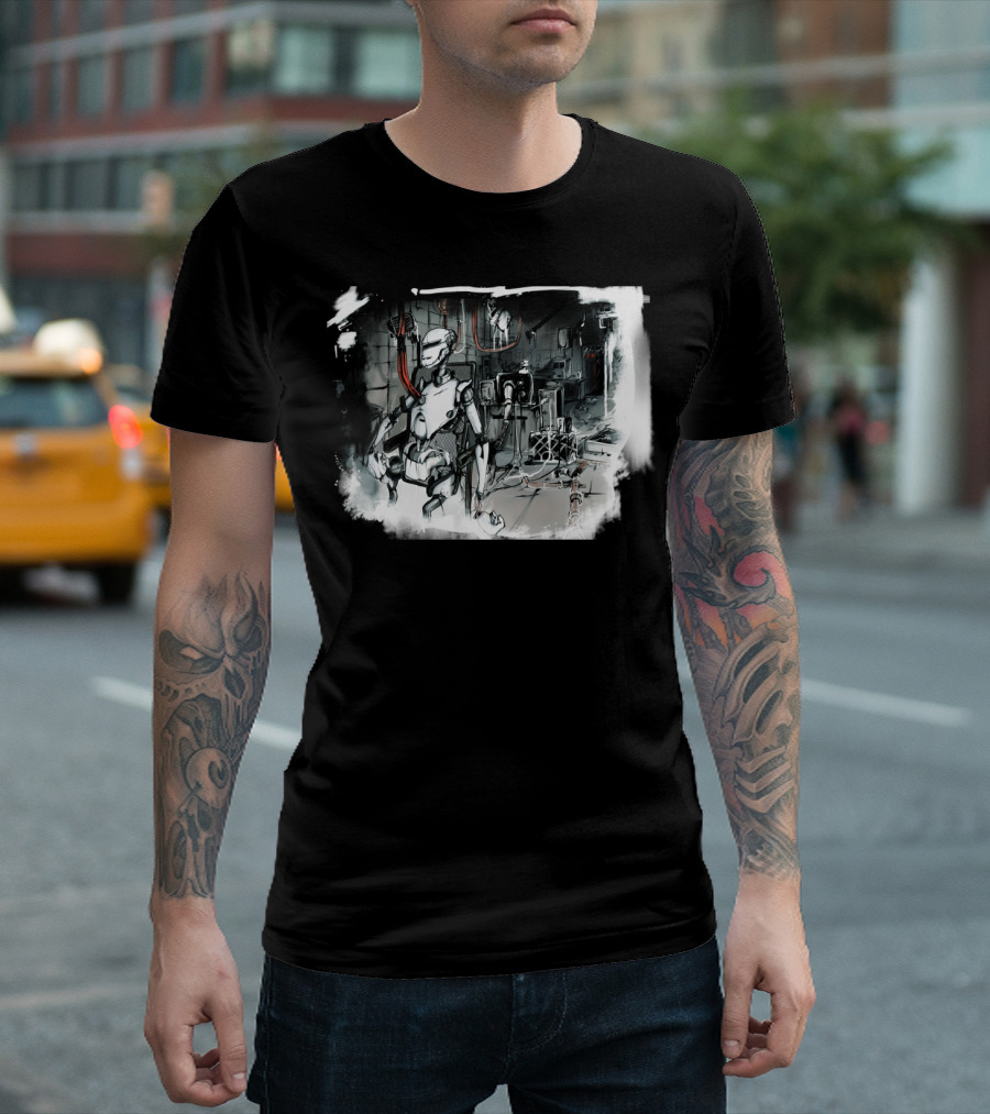 Roberto Among Futuristic Robotics and Machinery in the Underground Lab T-Shirt