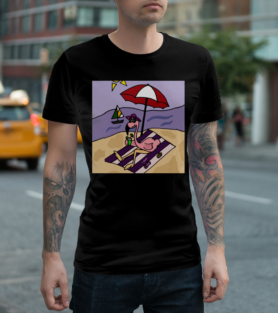 Funny Pink Flamingo Relaxing Under Umbrella at Beach with Sailboat T-Shirt