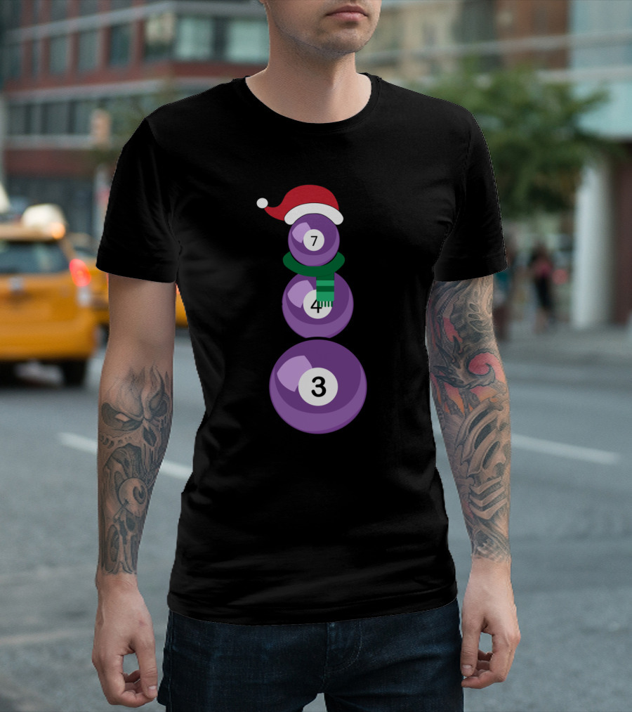 Funny Christmas Billiard Snowman with Santa Hat and Numbers 7 4 3 T-Shirt