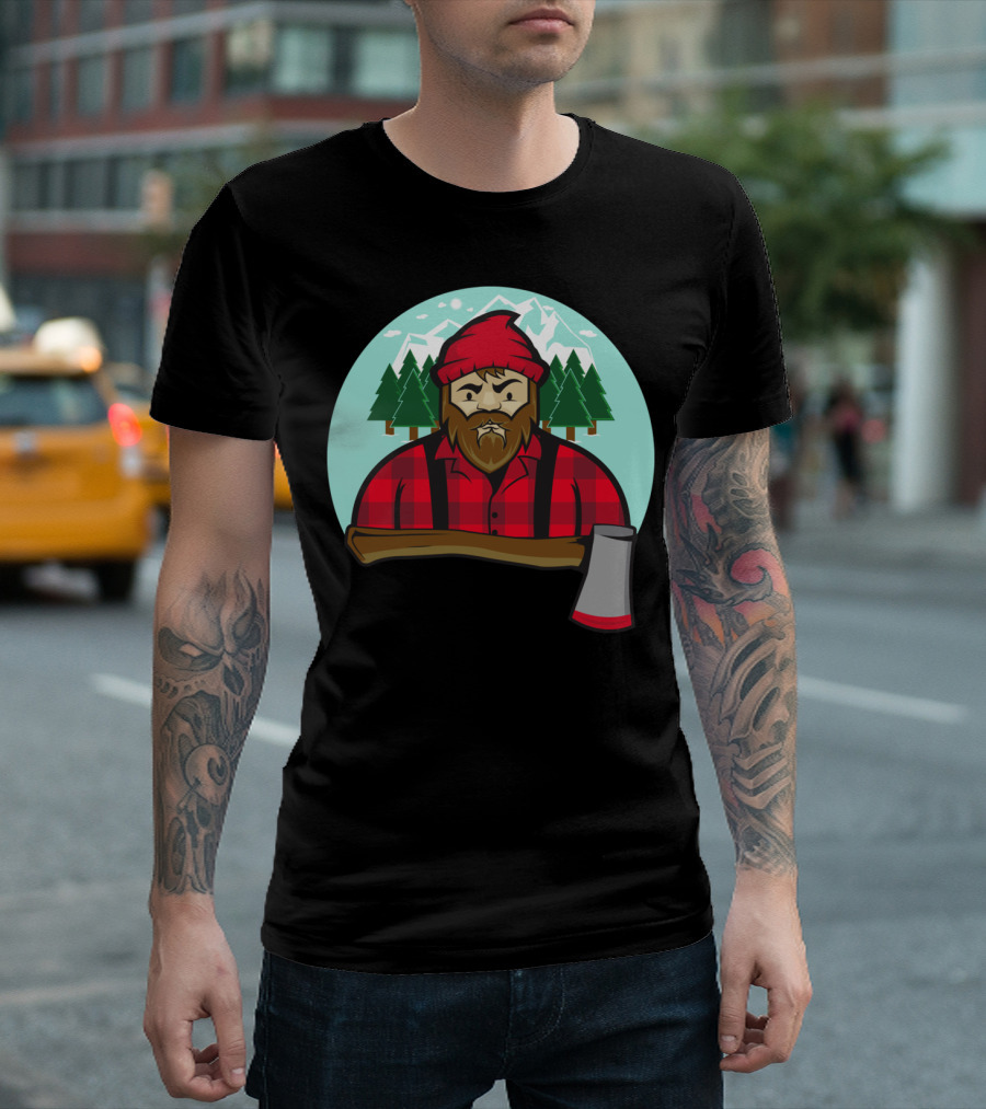 Bearded Lumberjack with Axe and Mountain Forest Background T-Shirt