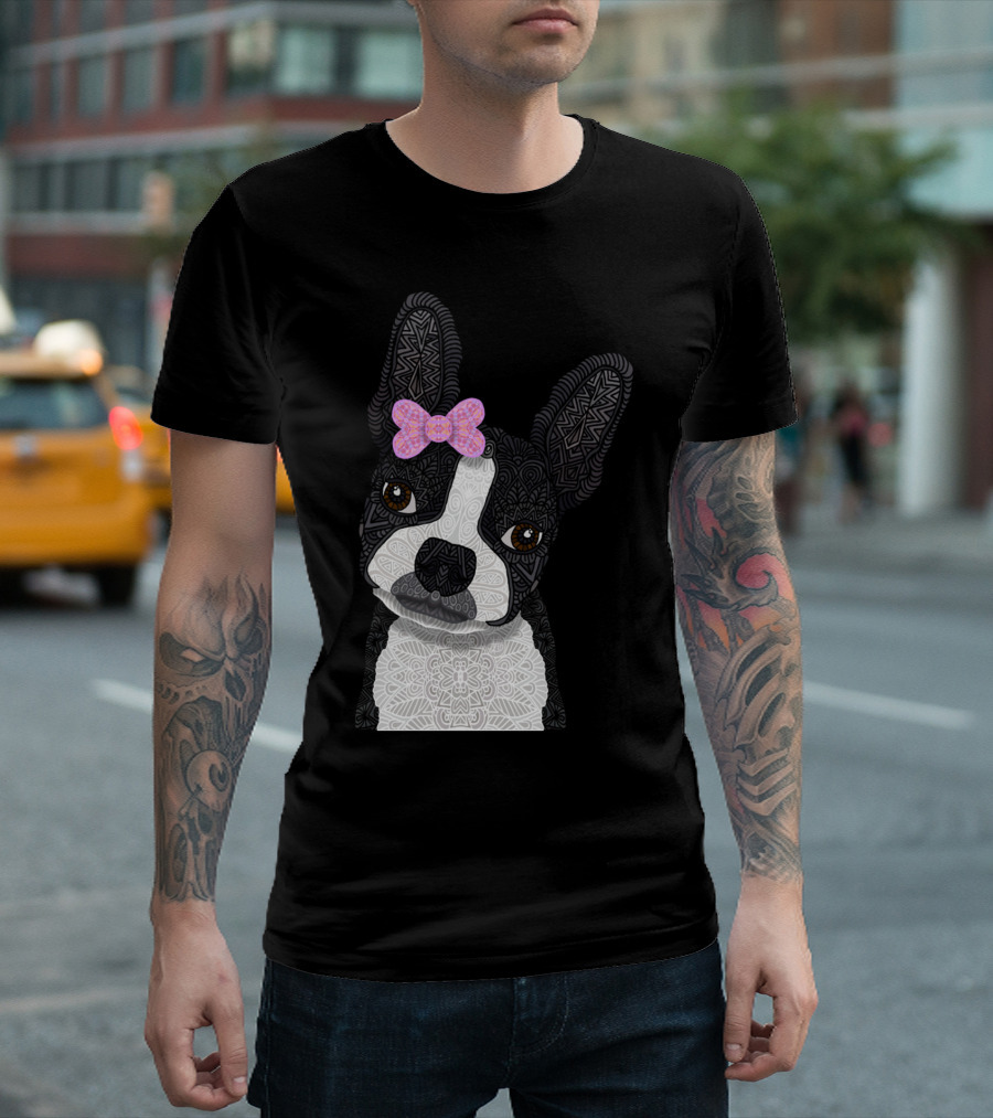 Boston Girl Mya Intricate Dog With Bow T-Shirt