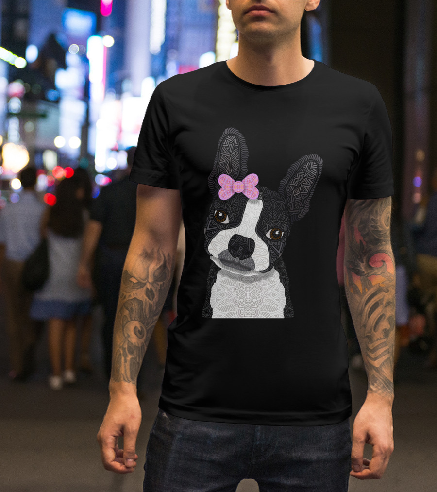 Boston Girl Mya Intricate Dog With Bow T-Shirt