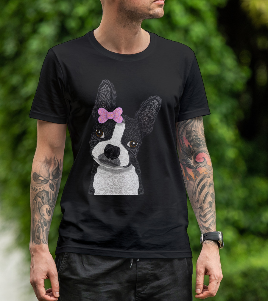 Boston Girl Mya Intricate Dog With Bow T-Shirt