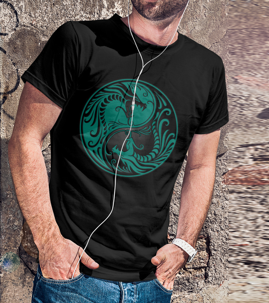 Teal Blue And Black Yin Yang Dragons T-Shirt