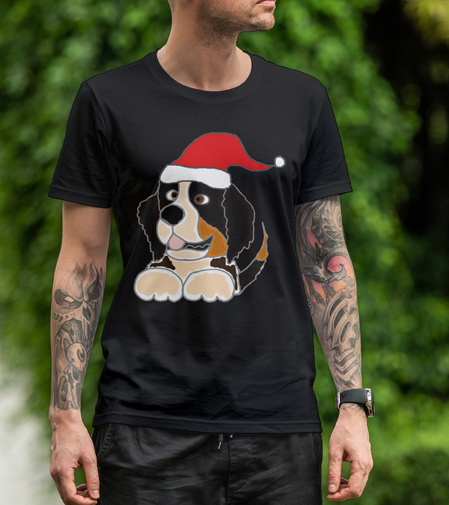 Funny Cute Bernese Mountain Dog Santa Hat T-Shirt