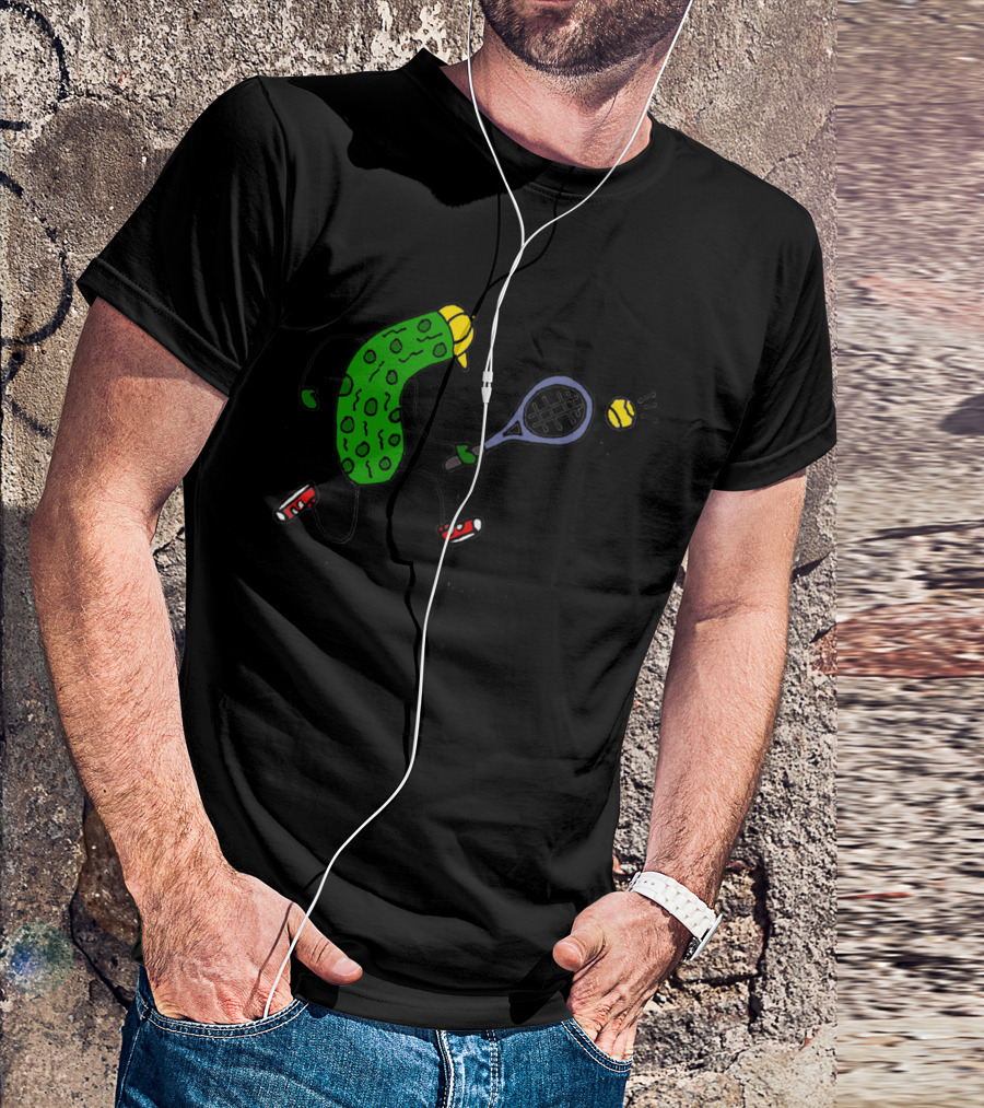 Funny Cute Pickle Playing Tennis With Yellow Cap And Red Sneakers T-Shirt