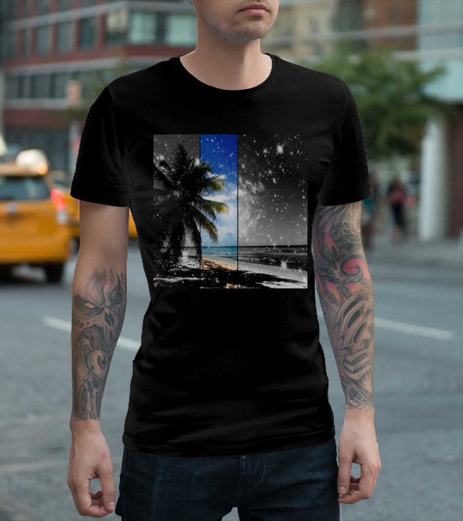Caribbean Dreaming Tropical Beach Night Sky Palm Trees Ocean Contrast T-Shirt