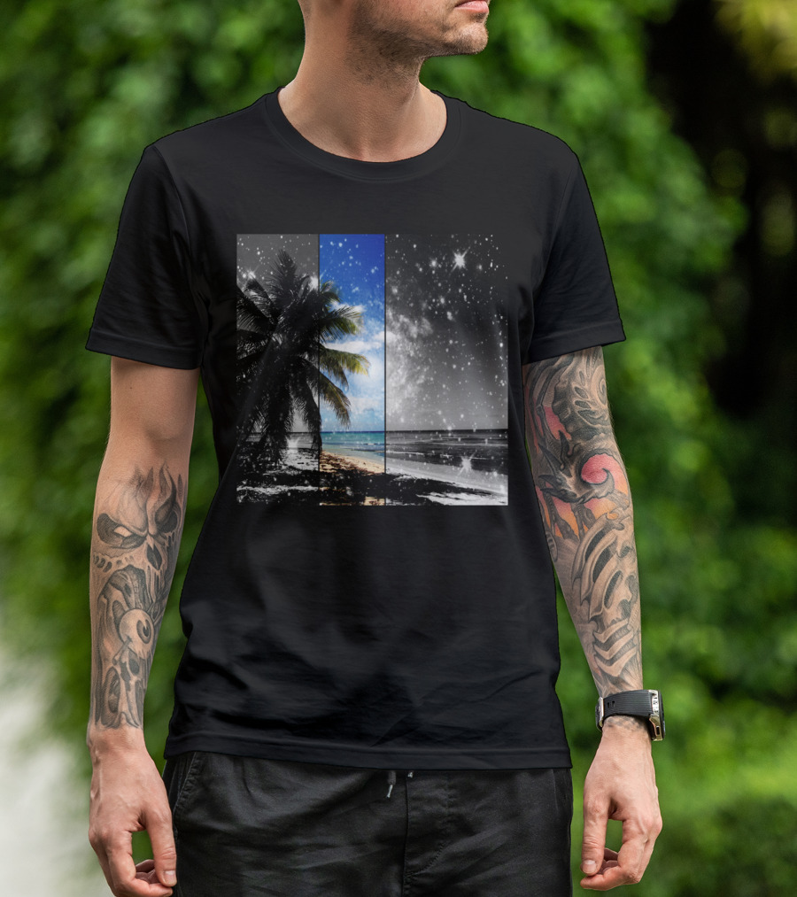 Caribbean Dreaming Tropical Beach Night Sky Palm Trees Ocean Contrast T-Shirt