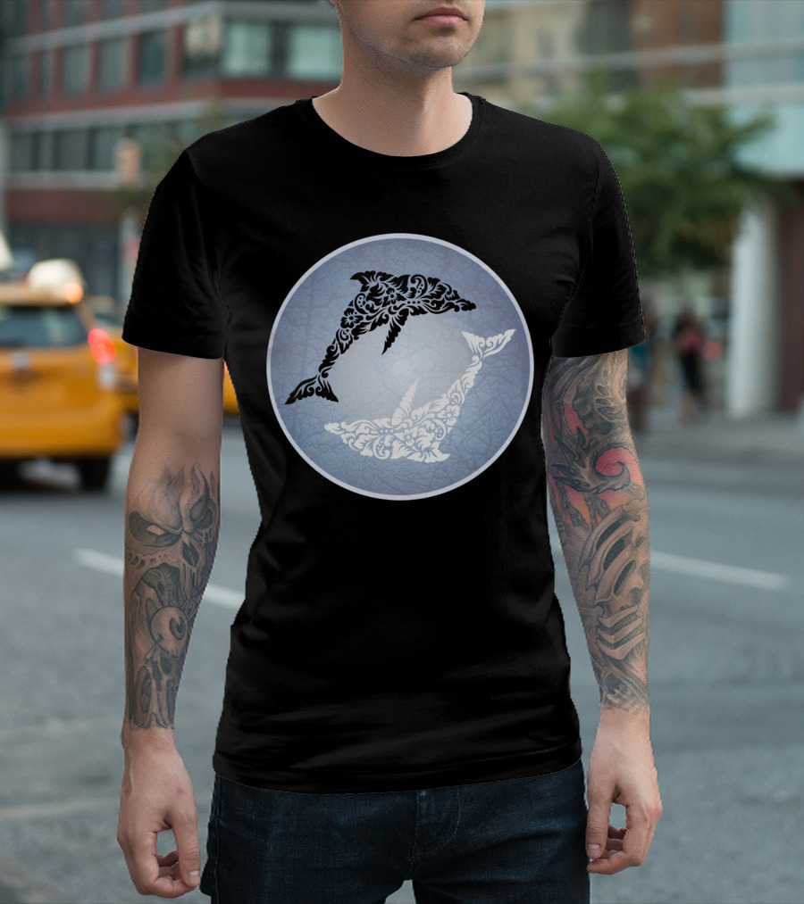 Dolphin Yin Yang Floral Ornament Circular T-Shirt